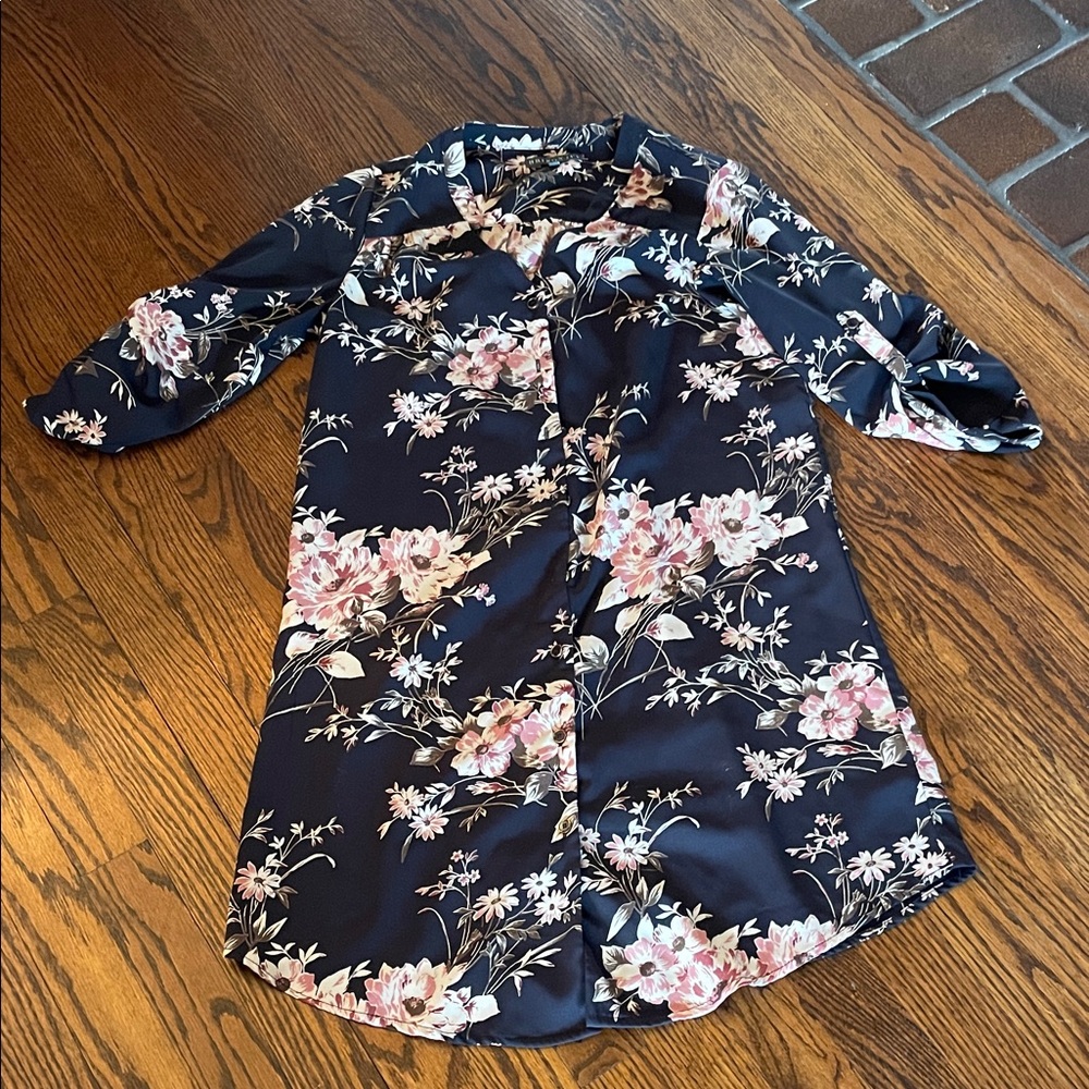 Brixon Ivy Navy Floral Midi Dress with Pink Blooms